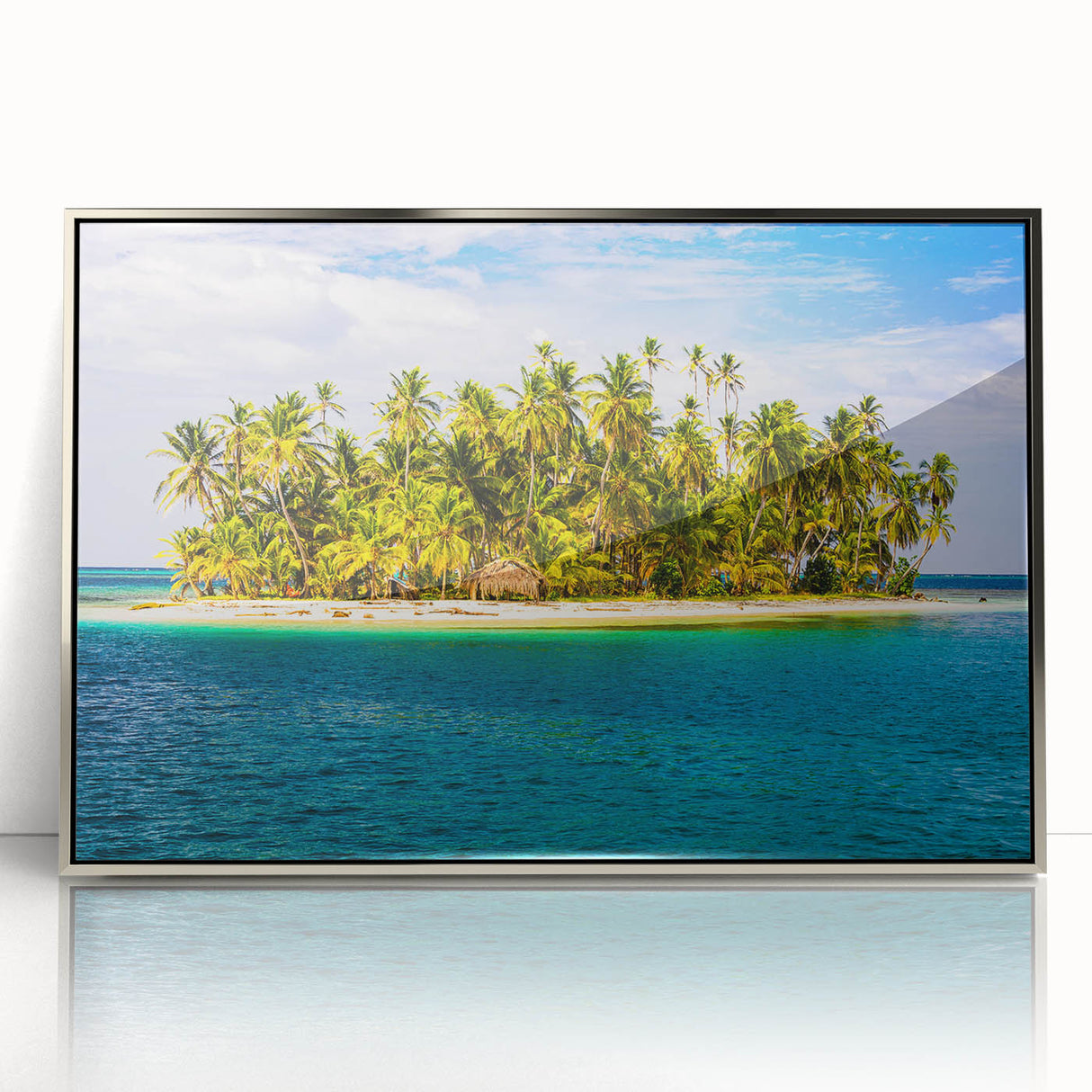 Mid-century modernist art depicting a serene Panama landscape in soft earth tones on a silver-framed acrylic print.