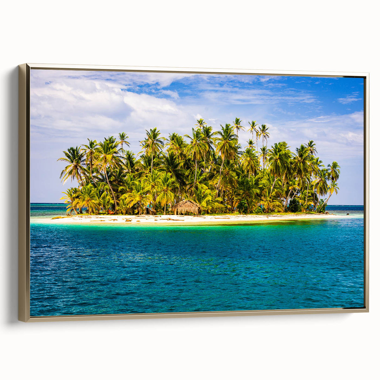 Framed canvas featuring a vintage-style landscape painting of Central America with a dominant black and gold color palette.