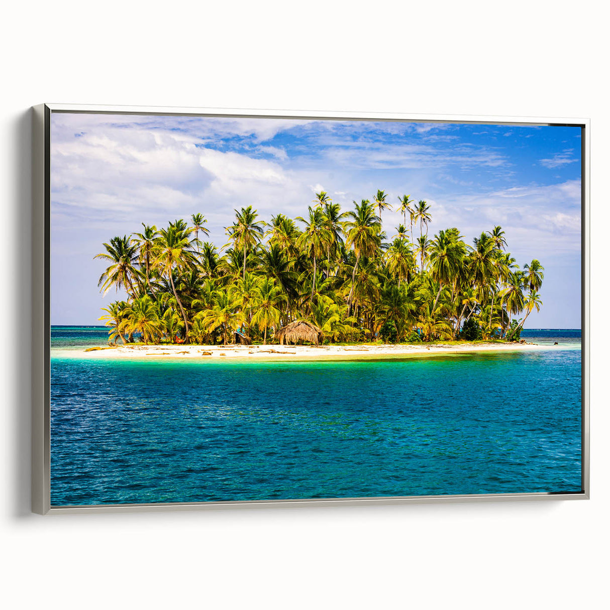 Framed canvas depicting a vintage-style landscape of Central America with vibrant colors on a black background.