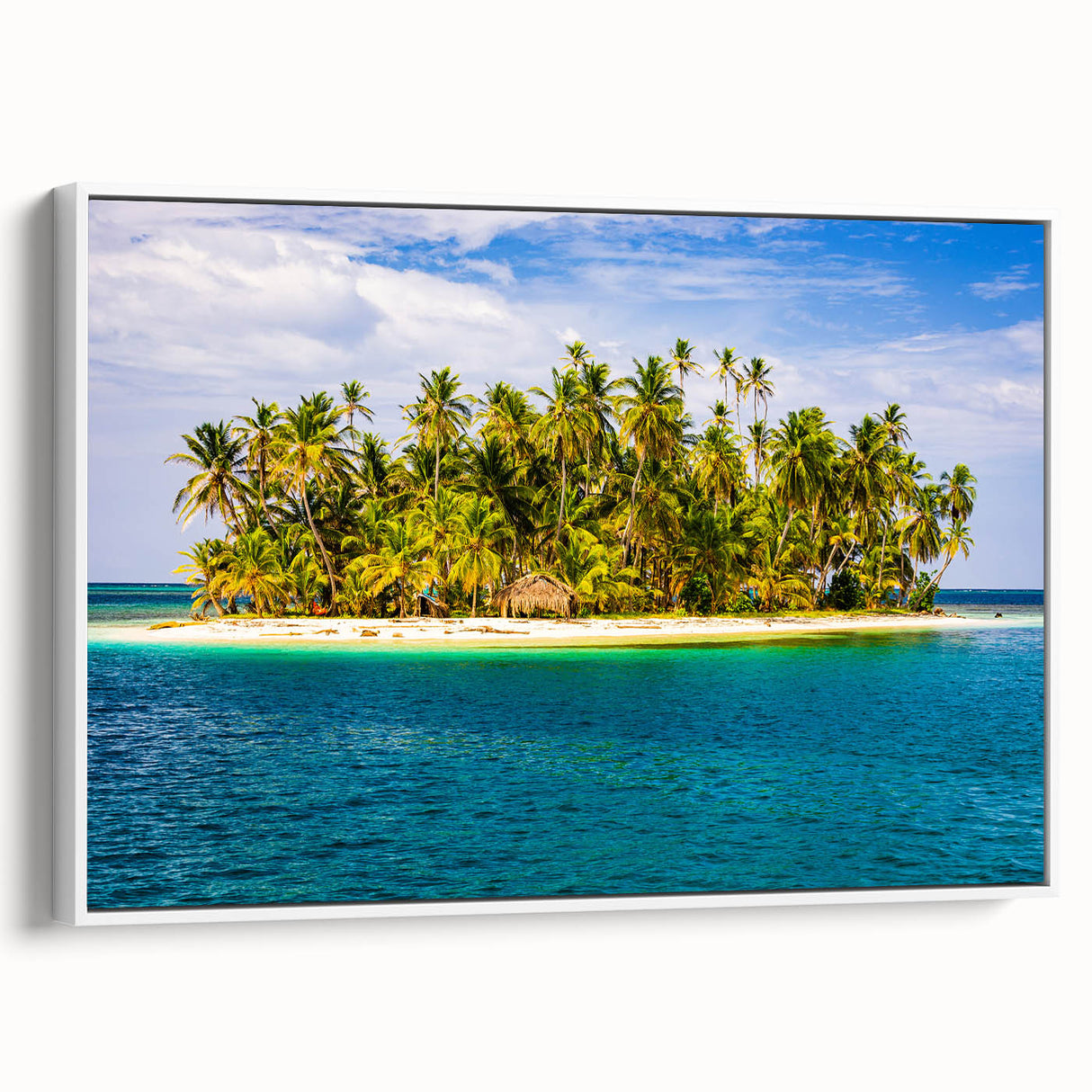 Vintage poster art of a Central American scenery on a white-framed canvas, featuring vibrant, colorful imagery.