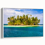 Vintage poster art of a Central American scenery on a white-framed canvas, featuring vibrant, colorful imagery.