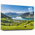 Acrylic print of a European landscape with cool blue and green tones, ideal for dining room decor.