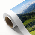 Art deco poster of a serene Austrian landscape in muted green and blue tones on rolled canvas, ideal for nursery wall art.