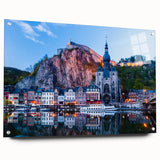 Large abstract wall art of European scenery in muted blues and greens on acrylic glass.