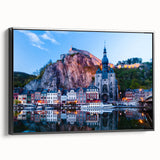 Black and white vintage poster art of a European landscape on framed canvas, ideal for bedroom decor.