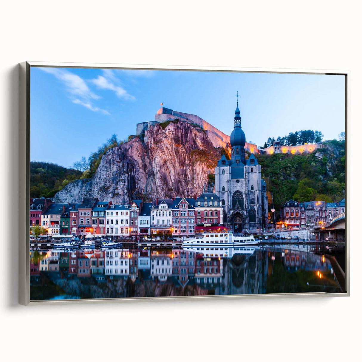 Landscape art painting of a European scenery in Belgium, featuring colorful art on black background, framed canvas.