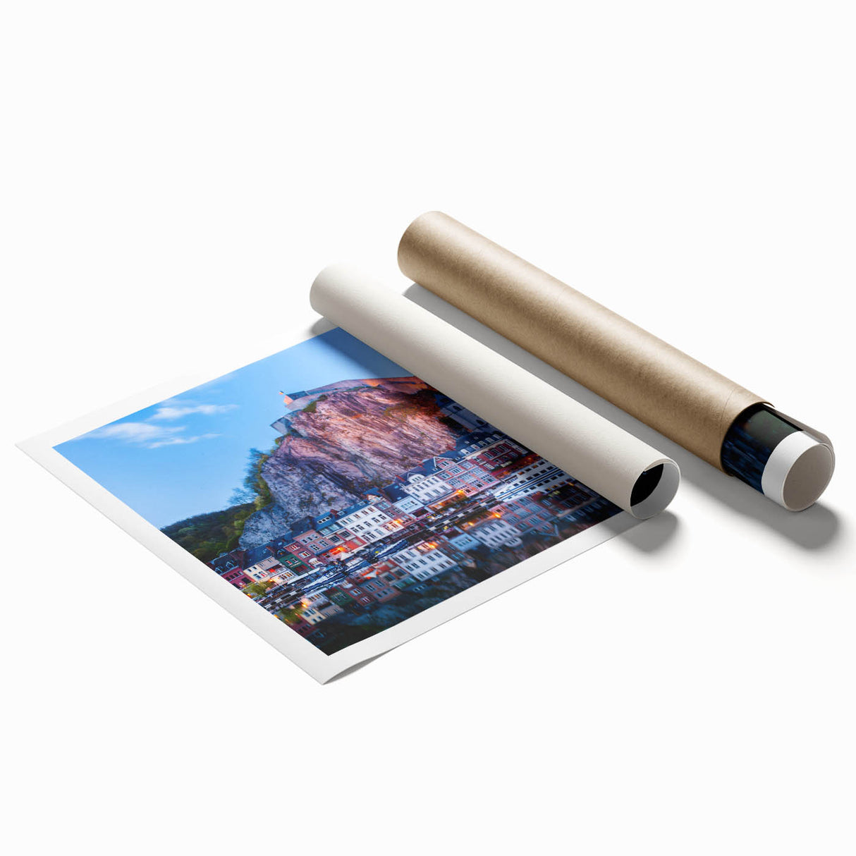 Large rolled print depicting a serene Belgian landscape with soft floral elements in muted green and blue.