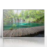 Mid-century modernist art of a Croatian landscape in muted earth tones on a framed acrylic, suitable for nursery wall decor.