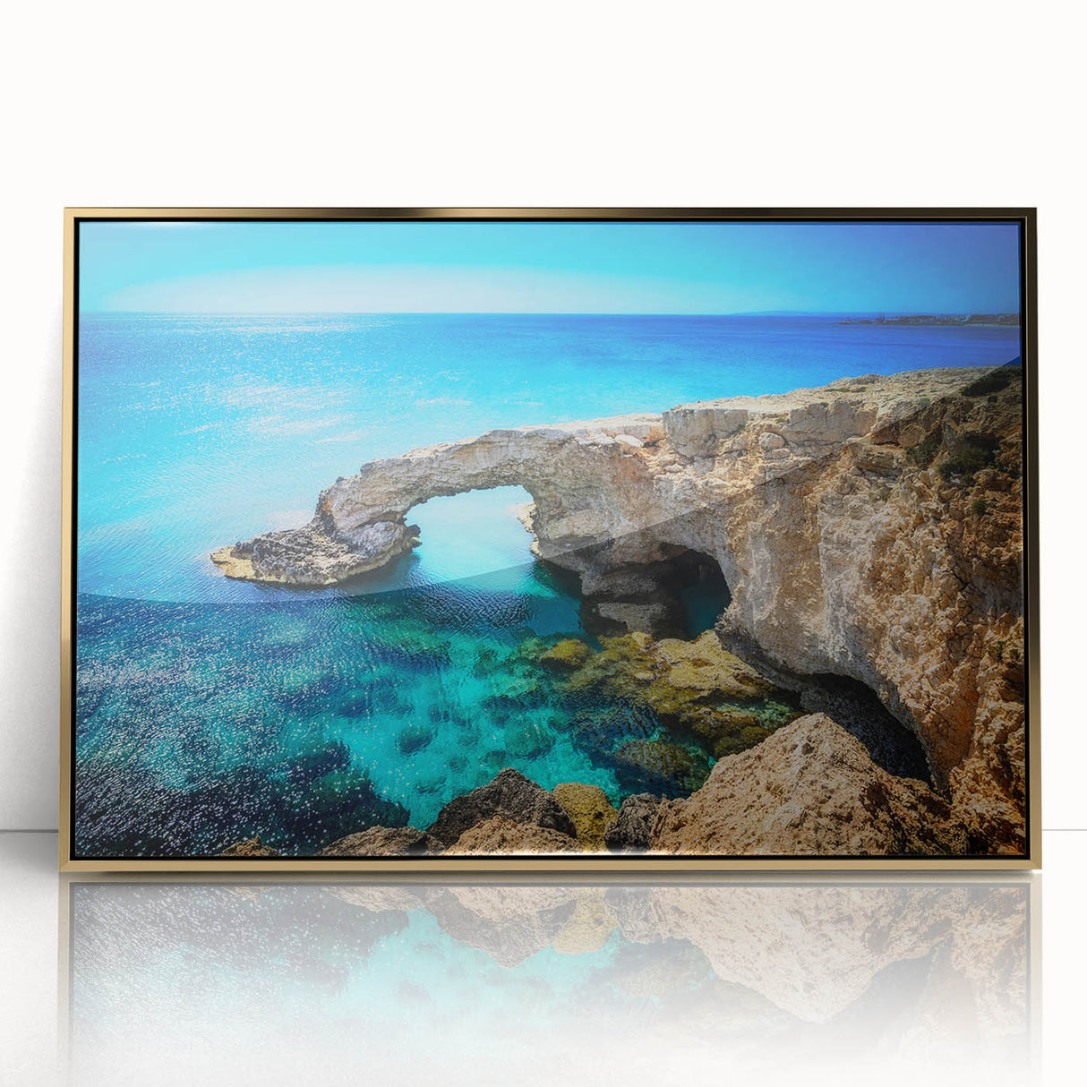 Art deco poster of a European Cyprus landscape in gold tones on a framed acrylic, ideal for modern art wall decor.
