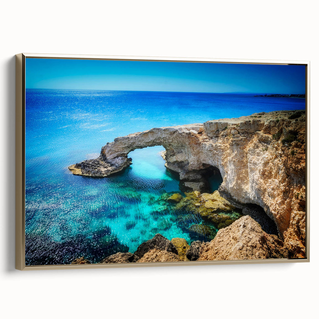 Framed canvas featuring a vintage-style landscape painting of Cyprus with a dominant black and gold color scheme.