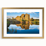 Abstract art print of a Czech Republic scenery in muted earth tones, framed in gold, suitable for dining room decor.