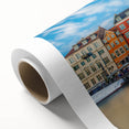 Art Deco style poster of a European scenery with soft pastel colors on rolled canvas, ideal for nursery wall art.