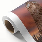 Art deco poster of Big Ben with muted blue and gray tones on rolled canvas, ideal for nursery wall art.