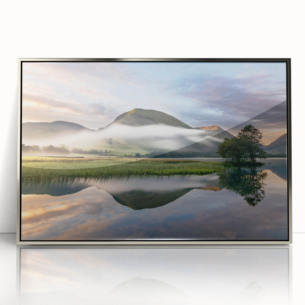 Mid-century modernist style large art print featuring a serene Cumbrian landscape, in acrylic with a silver frame.