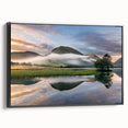 Black and white wall art featuring a vintage poster of Cumbria landscape on framed canvas, suitable for bedroom decor.