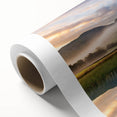 Art deco poster of the Cumbria landscape in England, featuring soft green and blue tones on rolled canvas.