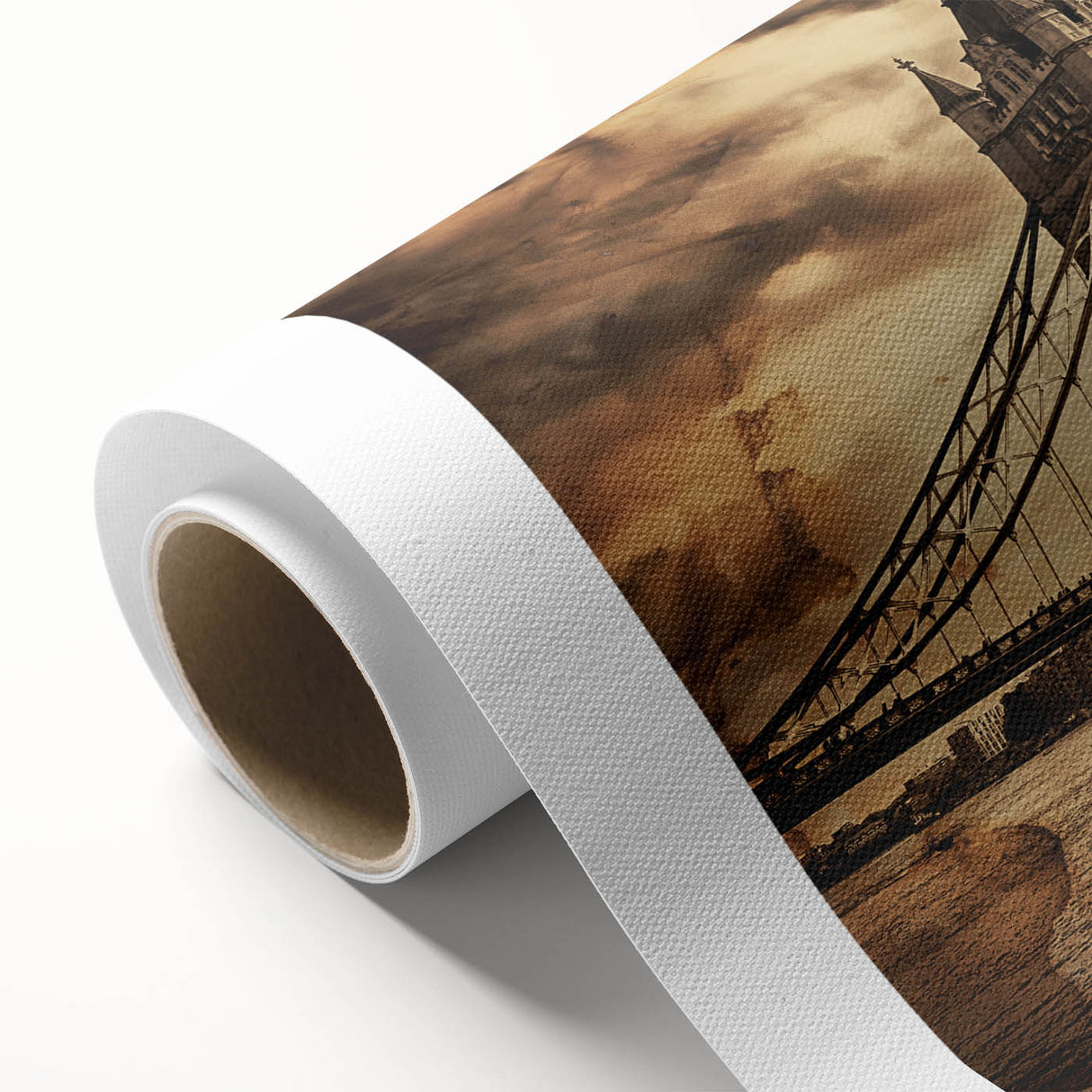 Art deco poster of London scenery on rolled canvas, featuring muted earth tones, ideal for nursery wall art.