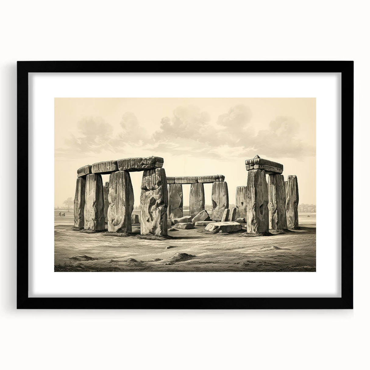 Abstract art print of Stonehenge in vibrant, colorful hues on a large framed canvas, suited for living room decor.