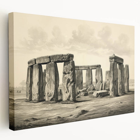 Stonehenge landscape on stretched canvas, featuring muted earth tones, ideal for kitchen wall art.
