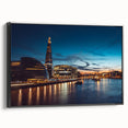 Black and white framed canvas of the Thames River landscape, ideal for bedroom wall decor with a vintage poster art style.