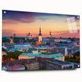 Acrylic print of a large abstract depiction of a European scenery in muted earth tones.