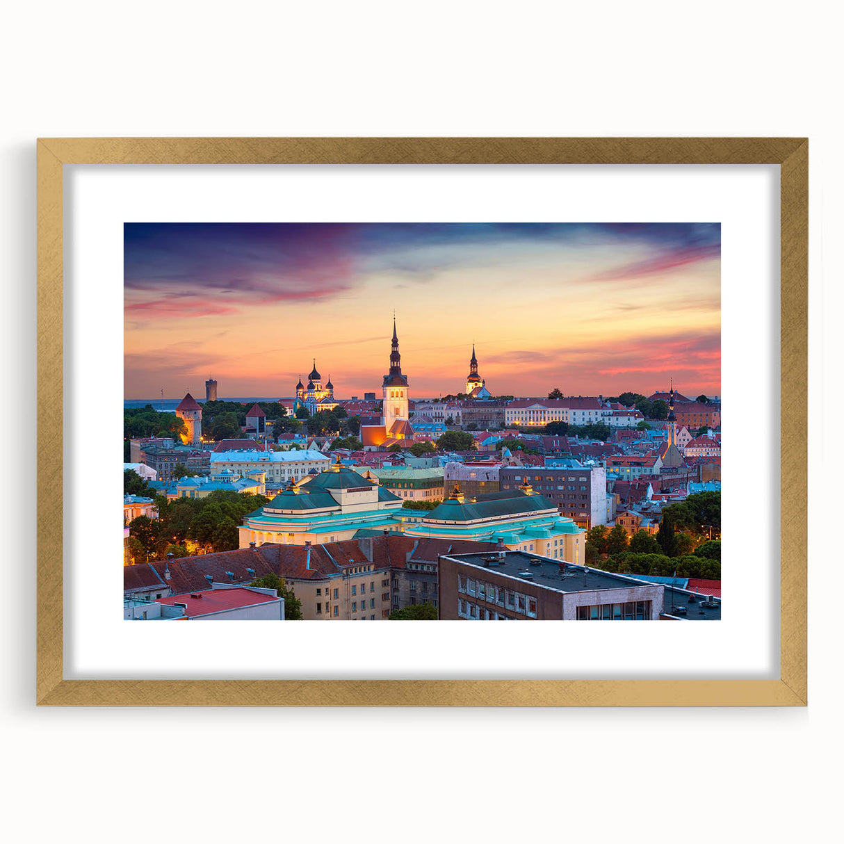 Abstract art print of a European landscape in muted green and blue tones, framed in gold, suitable for dining room decor.