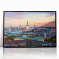 Large abstract wall art depicting a European Estonian scenery in muted gray and blue tones, framed in black acrylic.