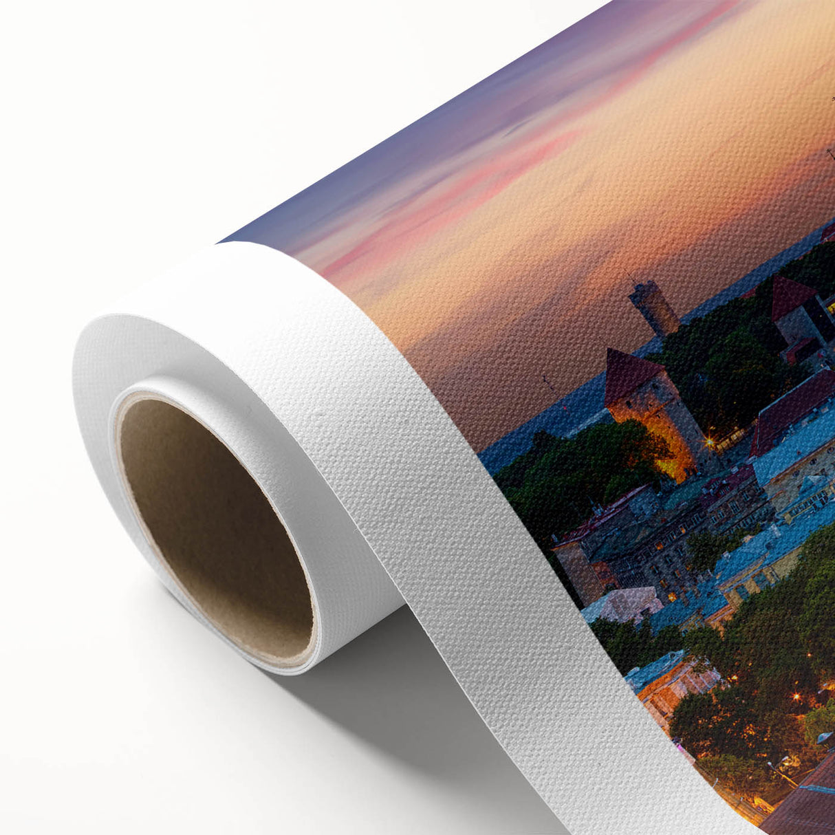 Art Deco poster of European scenery in muted earth tones on rolled canvas, ideal for nursery wall art.
