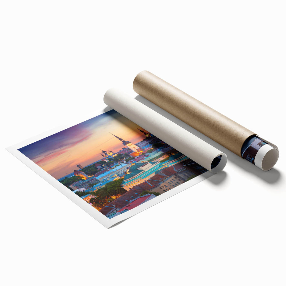 Extra large rolled print of a serene Estonian landscape with muted green and blue tones.