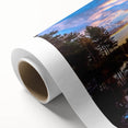 Art Deco poster of a serene Finnish landscape on rolled canvas, with soft blue and green hues, ideal for nursery wall art.