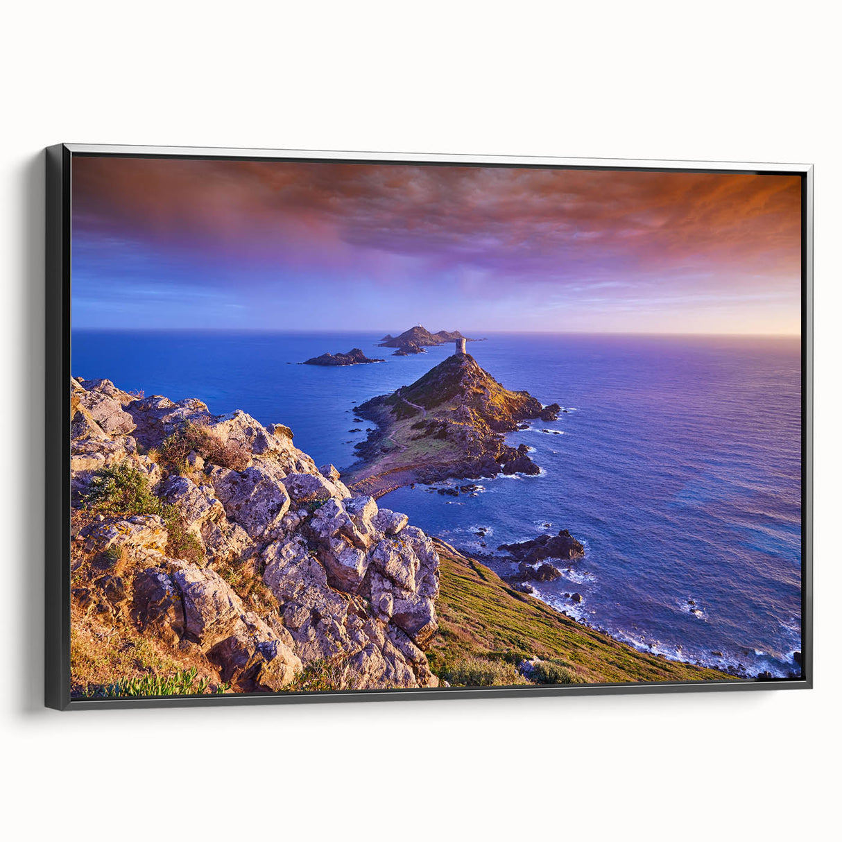 Black and white wall art featuring a vintage landscape of Corsica on framed canvas, ideal for bedroom decor.
