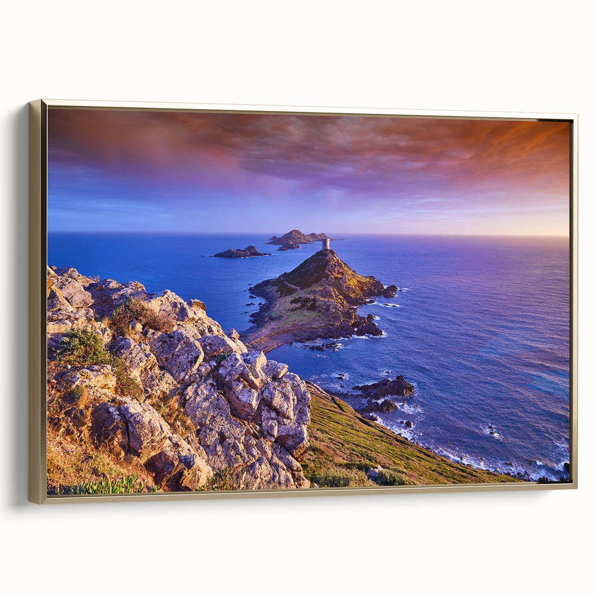 Framed canvas of a vintage-style Corsican landscape in muted earth tones, ideal for bedroom wall art.
