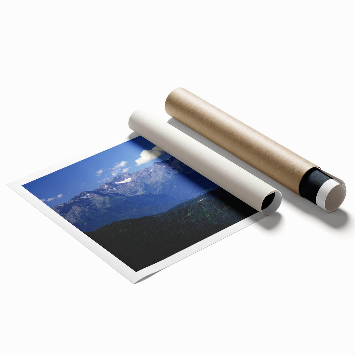 Extra large rolled print featuring the French Alps in muted green and blue tones, suitable for classy bathroom wall art.