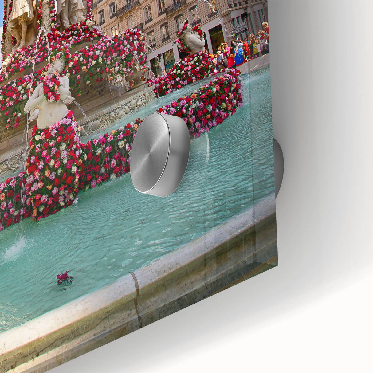 Large abstract wall art of Lyon, France, in muted colors on acrylic glass, ideal for dining room ambiance.