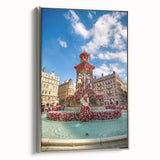 Landscape art painting of Lyon featuring colorful buildings in a vintage poster style on a black framed canvas.