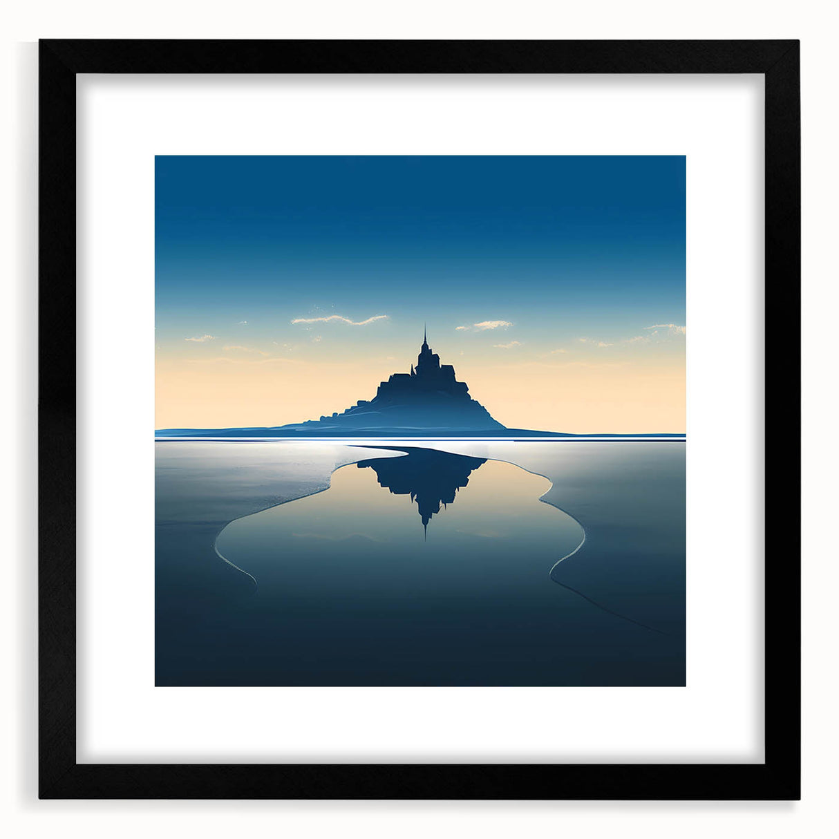 Colorful abstract art print of a European scenery in vibrant hues on a black-framed, matted canvas.