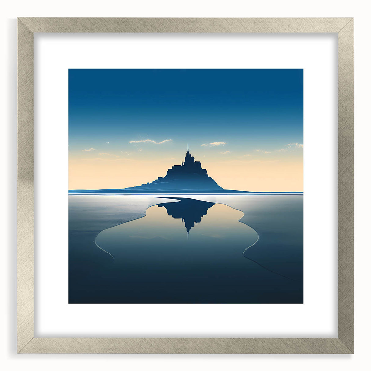Extra large abstract art print of a textured European scenery in muted earth tones, framed in silver.