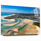 Acrylic print of Nice, France with vibrant blue and sandy hues, ideal for bedroom or dining room decor.