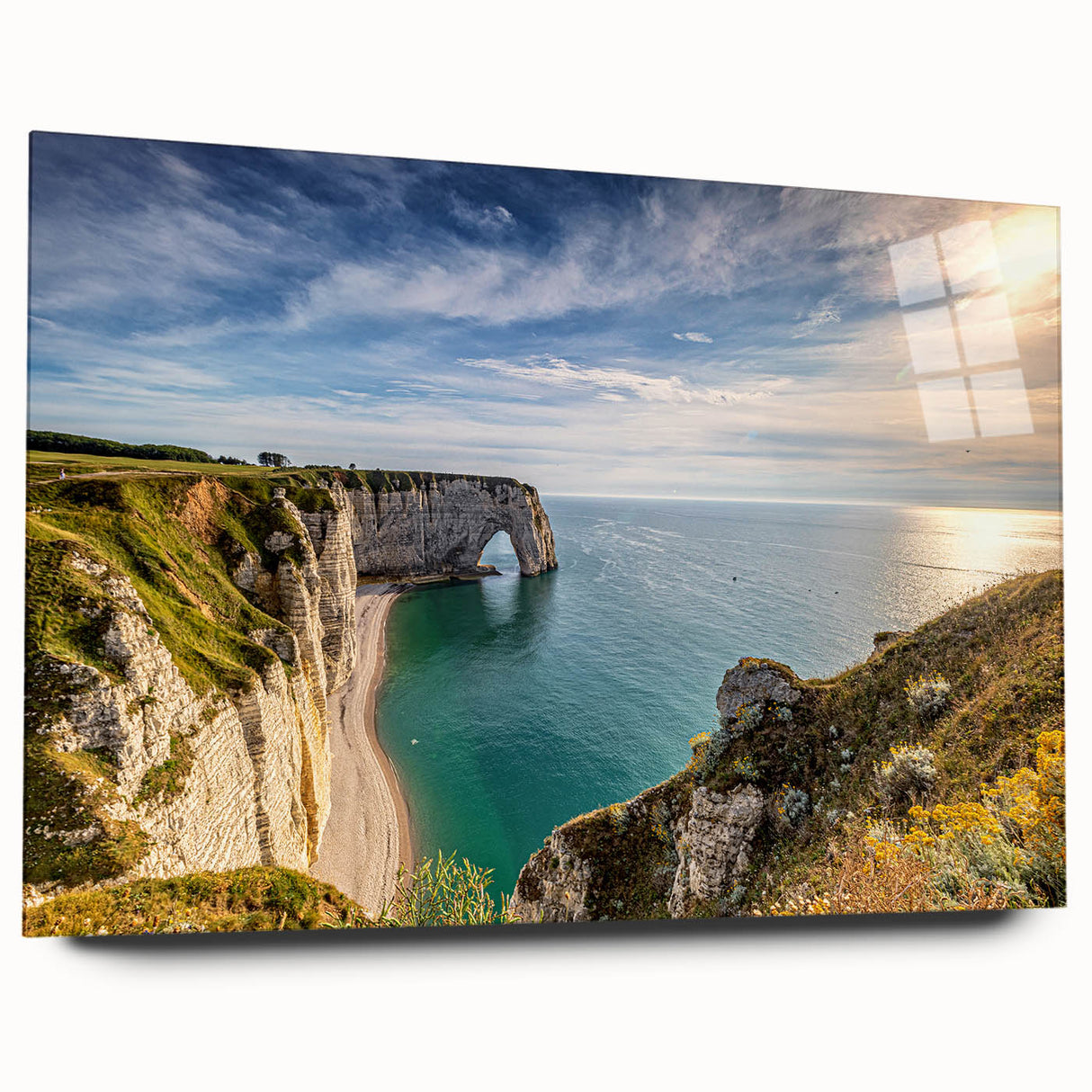Acrylic print of a serene Normandy landscape in muted greens and blues, ideal for bedroom or dining room art.