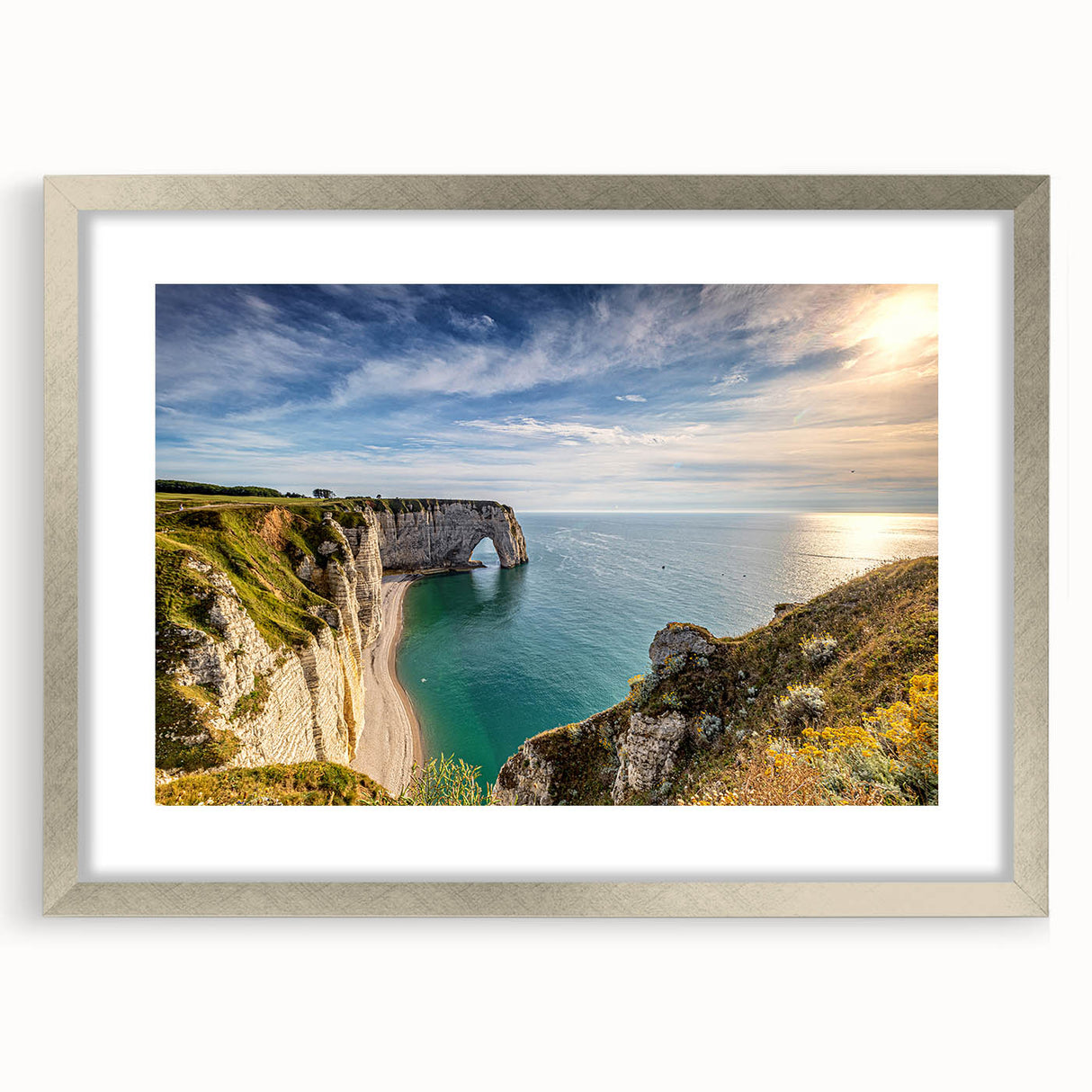 Extra large abstract art print depicting a textured scenery of Normandy, France, in muted earth tones, framed in silver.