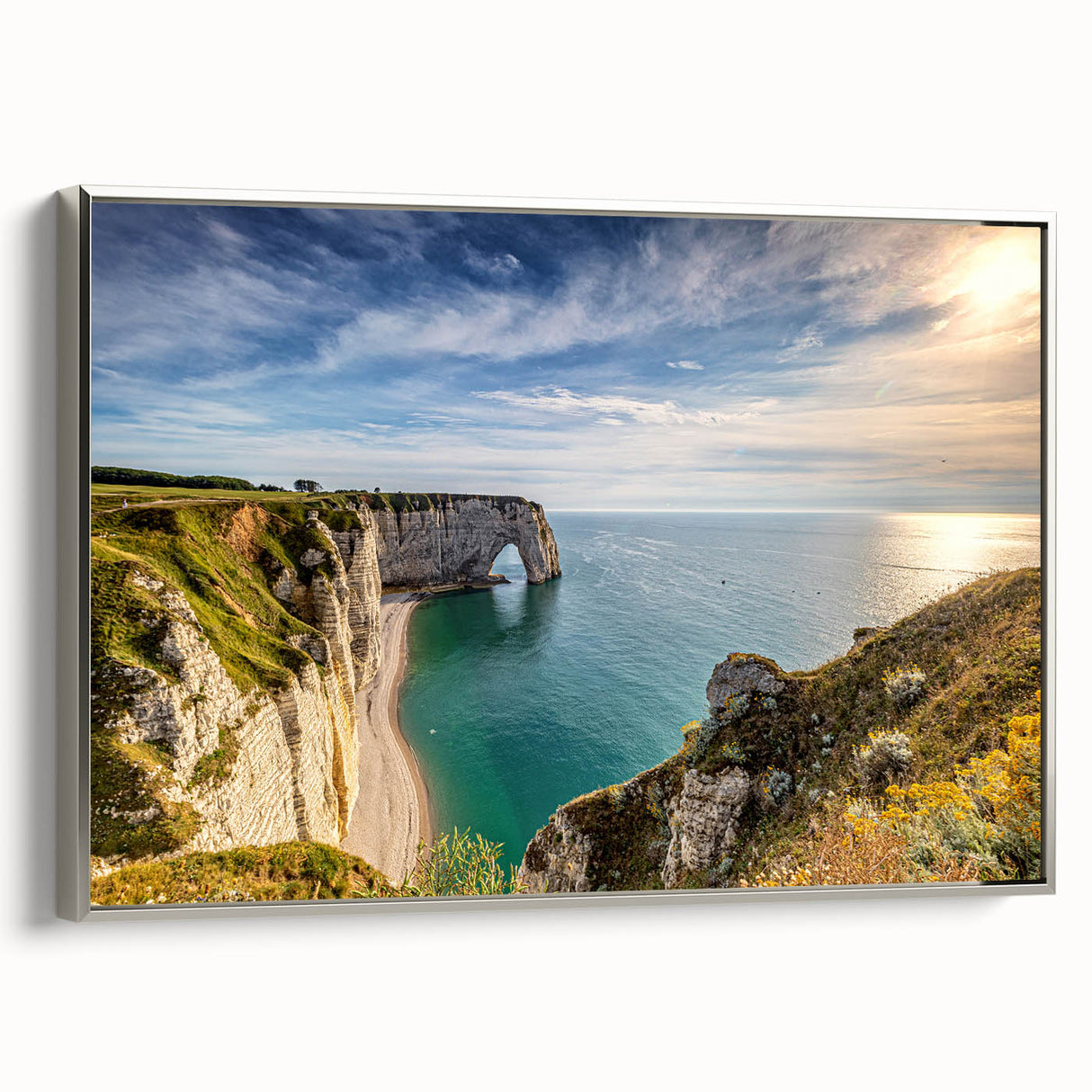 Landscape art painting of Normandy, France on framed canvas.