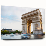 Acrylic print of a Paris street scene in muted gray and blue tones, ideal for bedroom or dining room art.