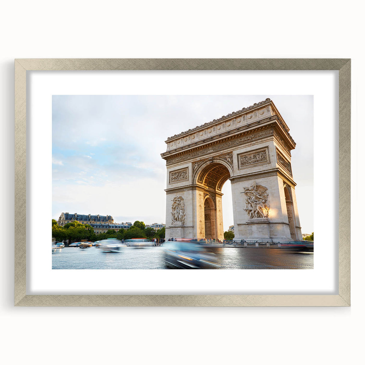 Extra large abstract art print of a Parisian scene in textured grays and blues, framed in silver.