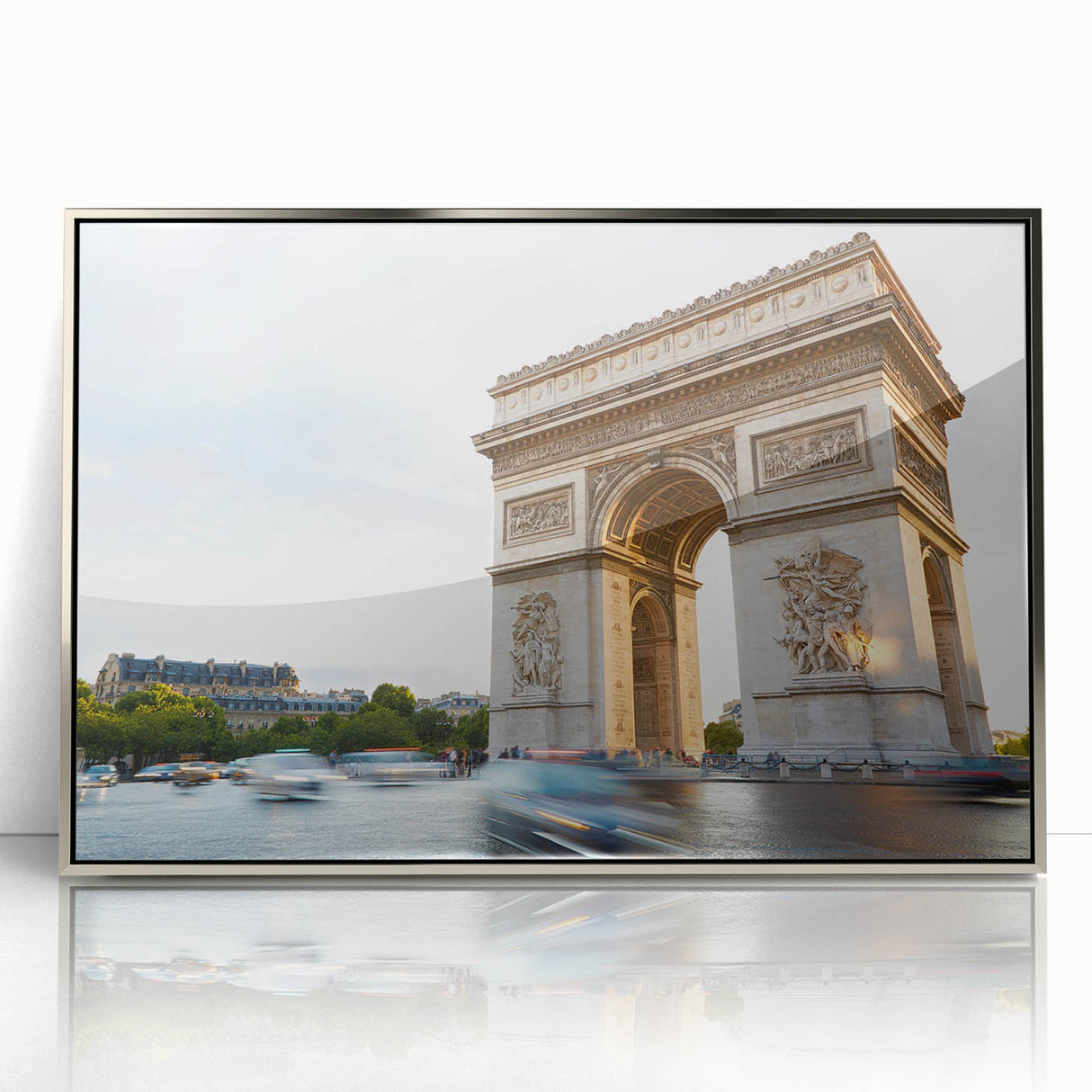 Large art print of a Parisian street scene in muted colors on a framed acrylic, ideal for modern art wall decor.