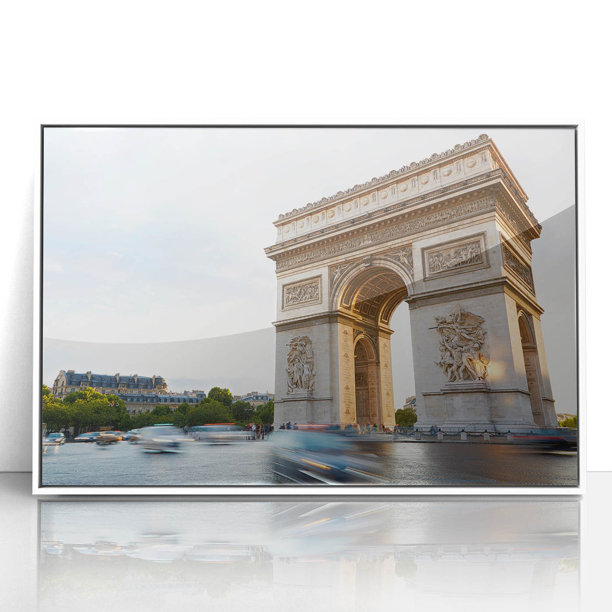 Mid-century modernist art deco poster of Paris scenery in muted colors on white framed acrylic.