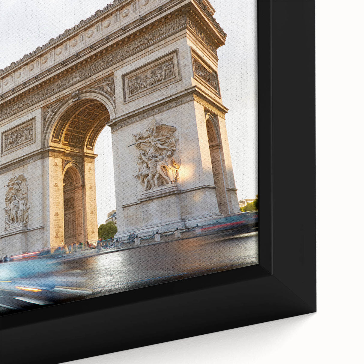 Extra large framed canvas featuring a textured black depiction of Paris scenery with colorful accents.