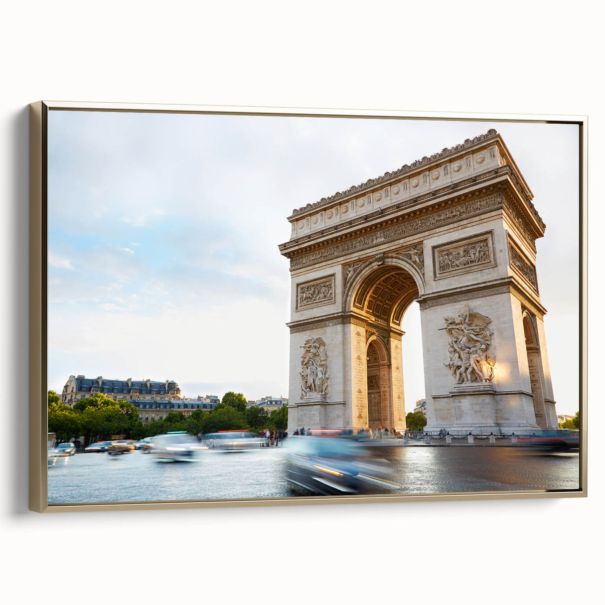 Framed canvas of a vintage Paris landscape in black and gold tones, suitable for bedroom wall art.