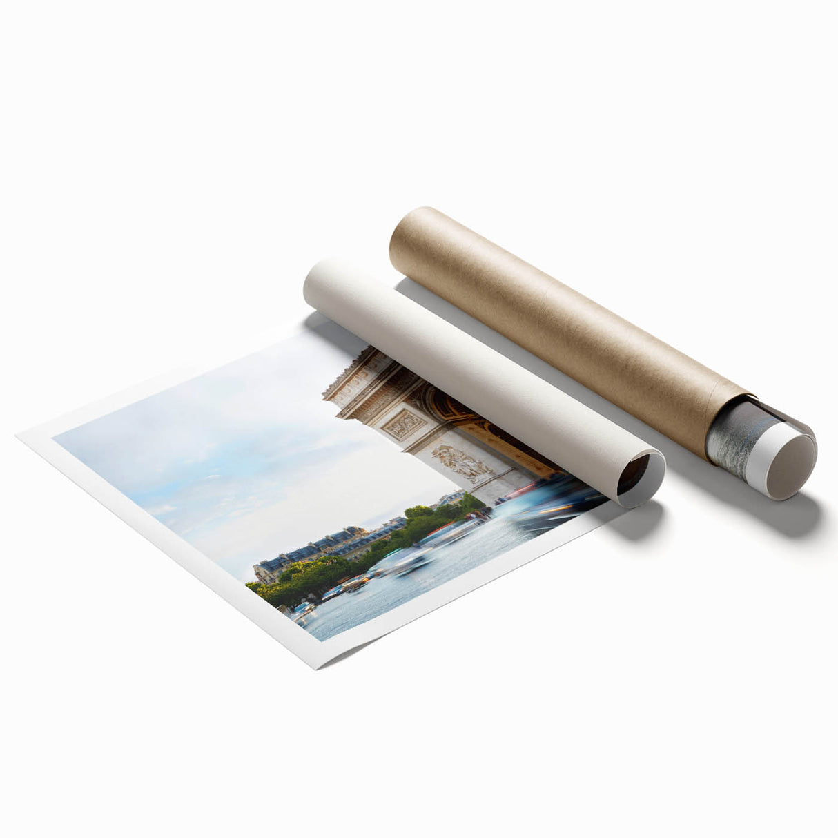 Extra large rolled print depicting a serene Parisian streetscape with soft floral accents in muted colors.