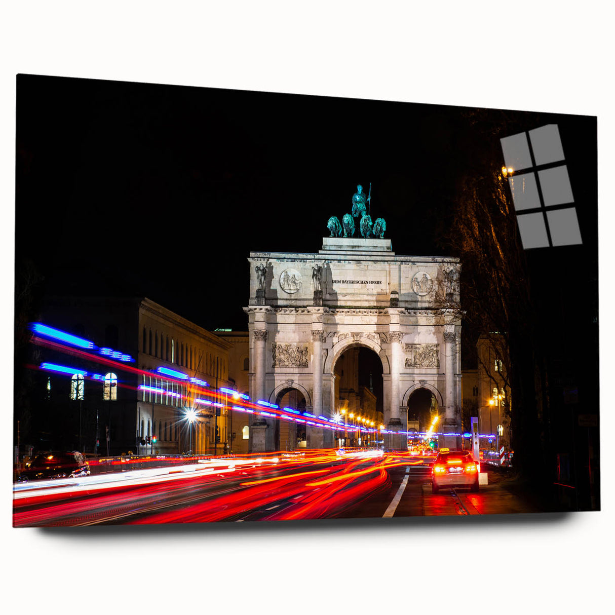 Acrylic print of a large abstract depiction of Munich with vibrant hues of blue and orange.