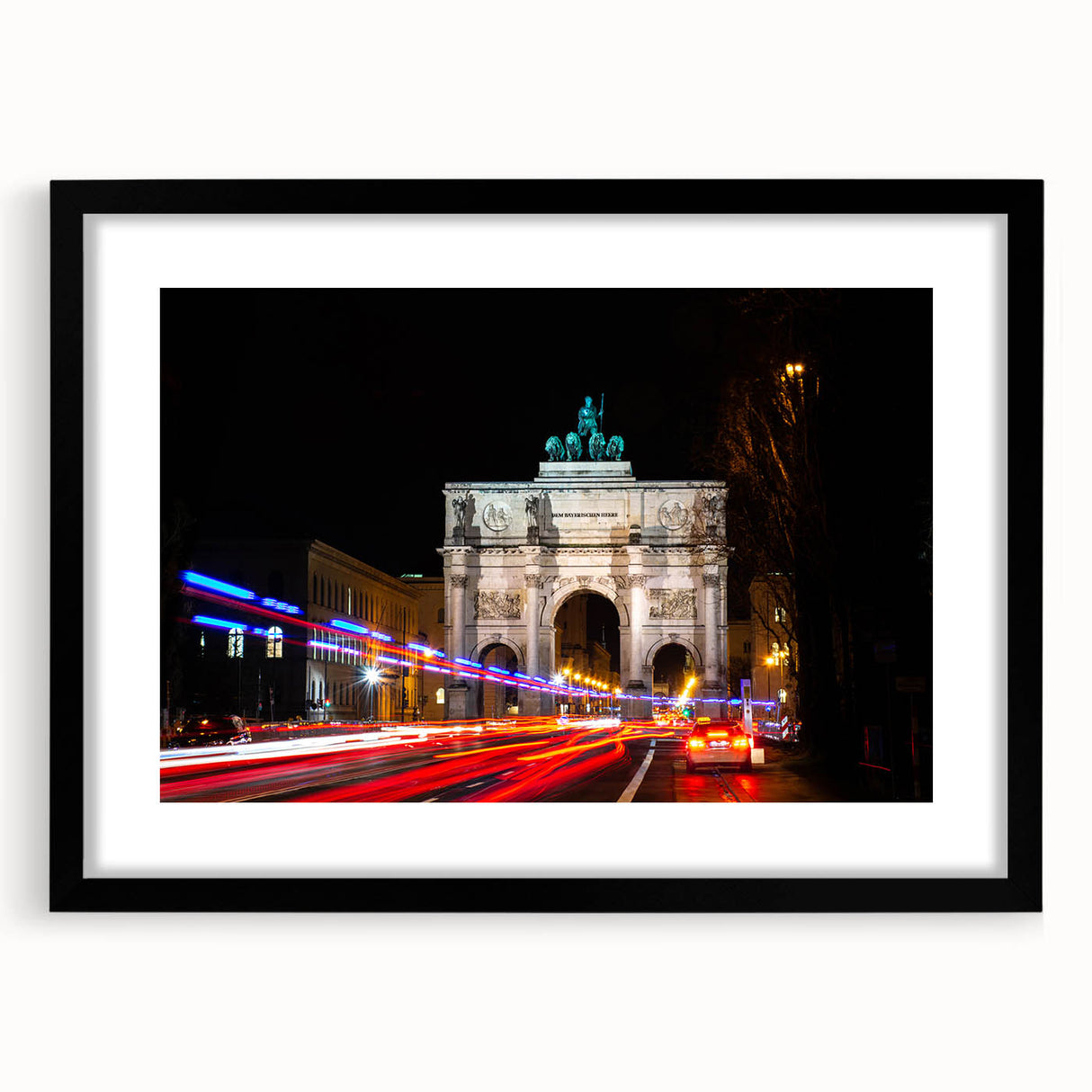 Extra large abstract art print of a colorful Munich cityscape, textured on a black framed canvas.